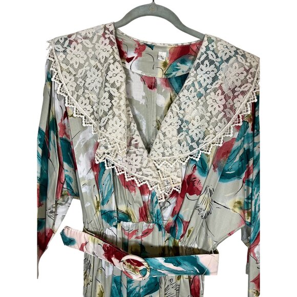 Retro Floral Midi Dress S White Colorful Prairie Mod Boho Classic Chic 70s - Picture 3 of 15